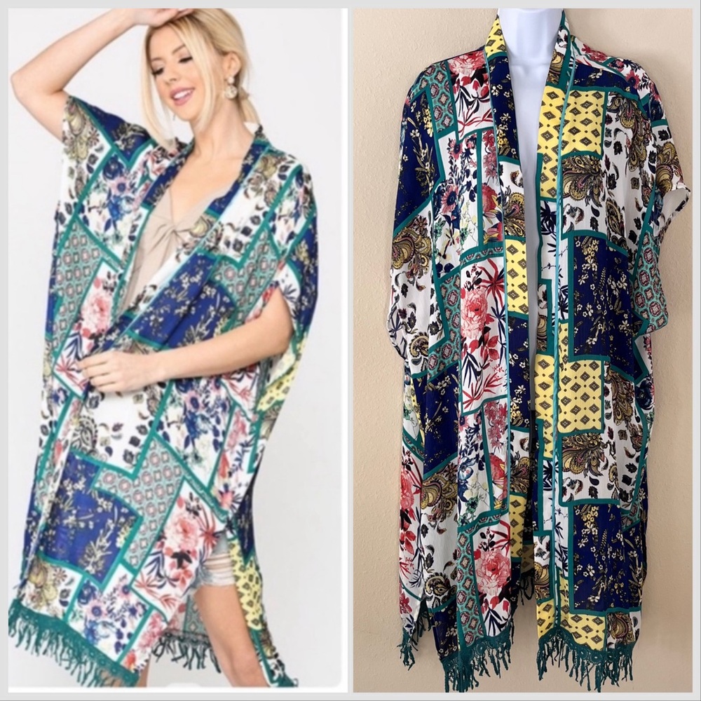 Womens‎ Boho Floral Patchwork Kimono Medium Scarf Fringe Festival Topper Long